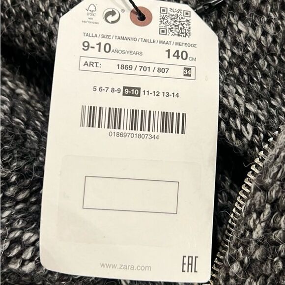 Zara knit wear gray kids zip up sweater jacket size 9-10 NWT - Picture 6 of 7